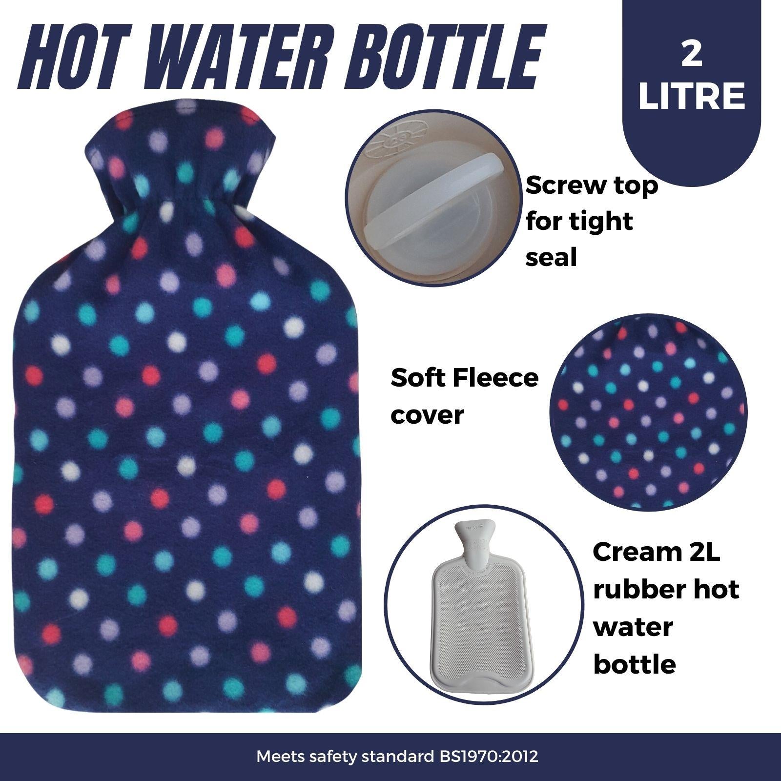 Hot Water Bottle With Fleece Cover 2L Natural Rubber Polka Blue - Winter Warm Packs