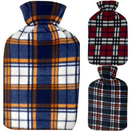 Hot Water Bottle With Fleece Cover, 2L, Assorted Check