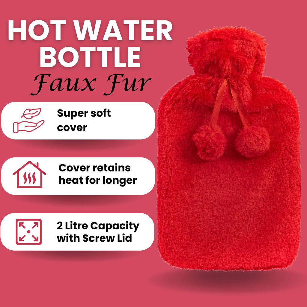 Hot Water Bottle With Faux Fur Cover 2L Warm Natural Rubber Red - Winter Warm Packs