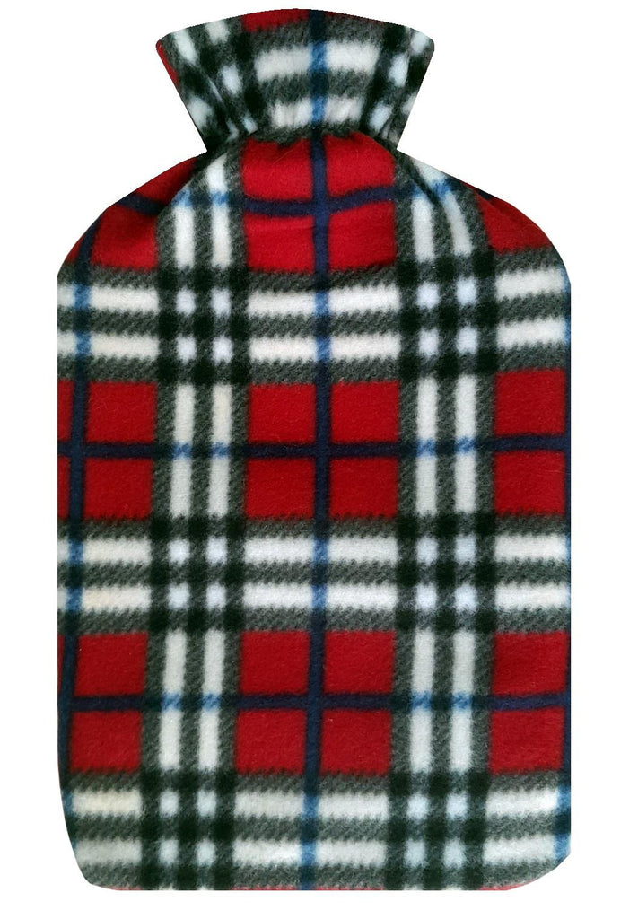 Hot Water Bottle With Fleece Cover 2L Natural Rubber Angus Check - Winter Warm Packs