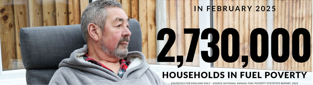 Man sitting in a chair with text about fuel poverty in February 2025.