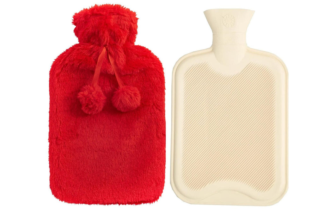 Hot Water Bottle With Faux Fur Cover 2L Warm Natural Rubber Red - Winter Warm Packs
