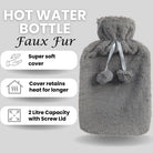 Hot Water Bottle With Faux Fur Cover 2L Warm Natural Rubber Grey - Winter Warm Packs