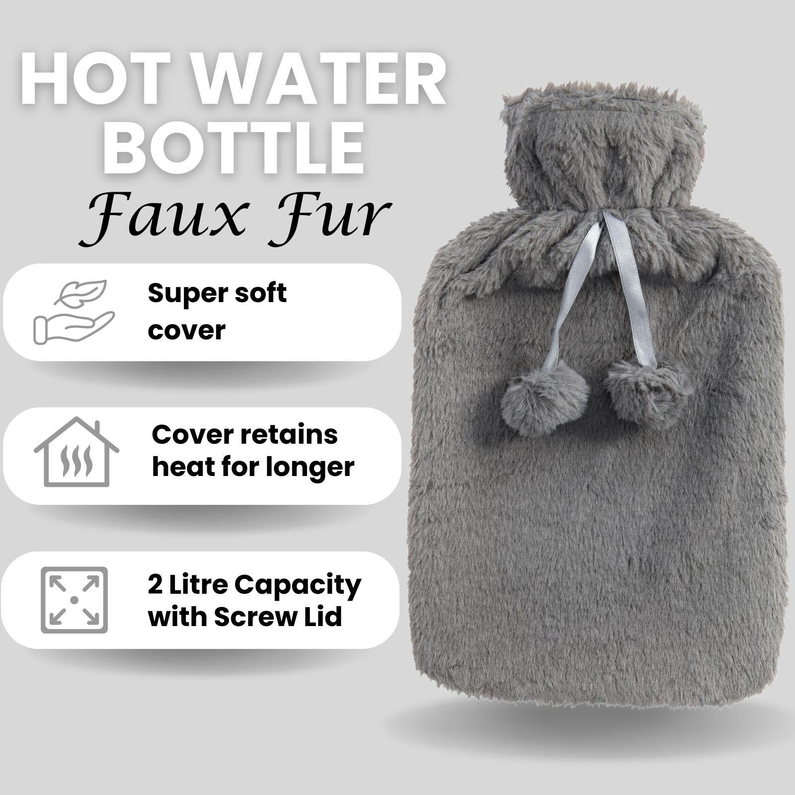 Hot Water Bottle With Faux Fur Cover 2L Warm Natural Rubber Grey - Winter Warm Packs