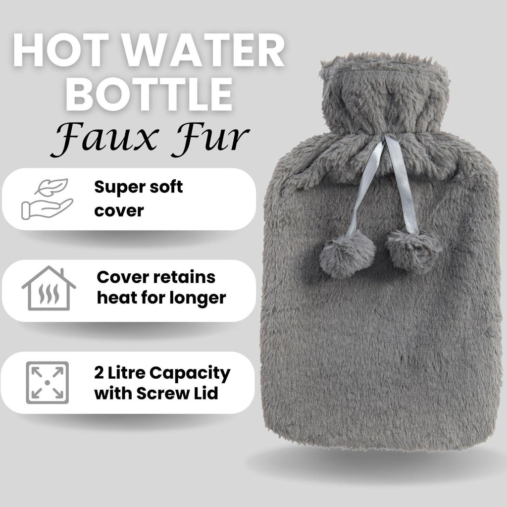 Hot Water Bottle With Faux Fur Cover 2L Warm Natural Rubber Grey - Winter Warm Packs