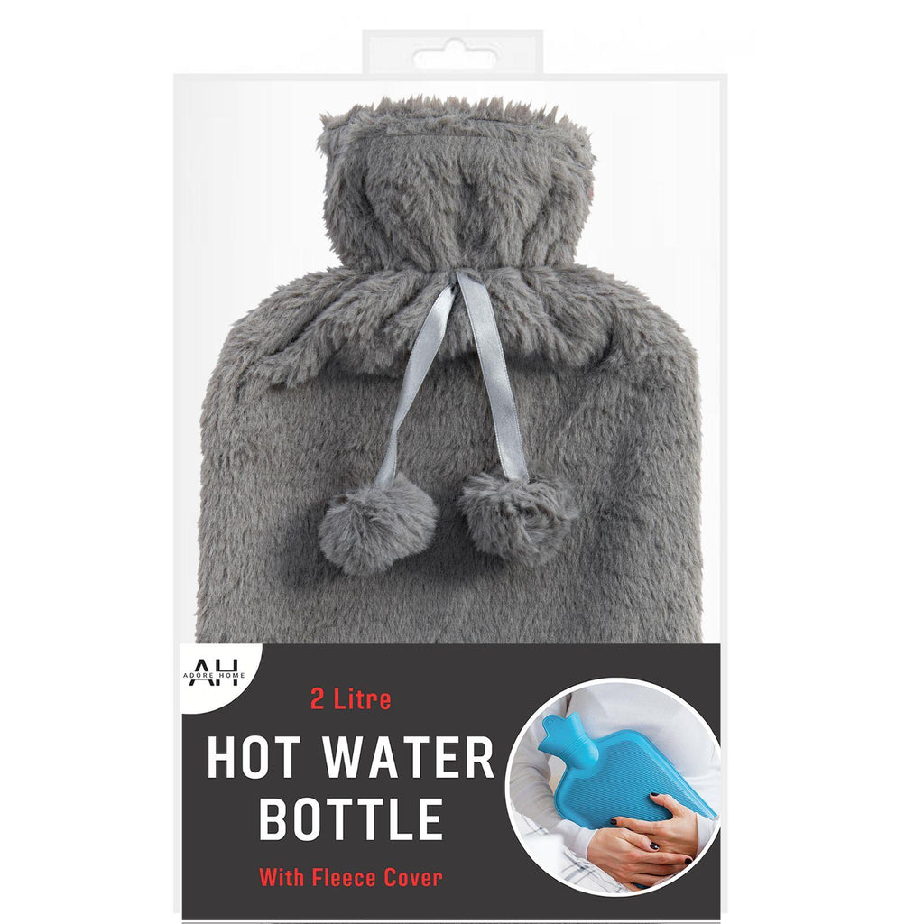 Hot Water Bottle With Faux Fur Cover 2L Warm Natural Rubber Grey - Winter Warm Packs
