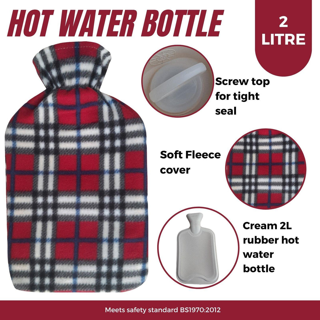 Hot Water Bottle With Fleece Cover 2L Natural Rubber Angus Check - Winter Warm Packs