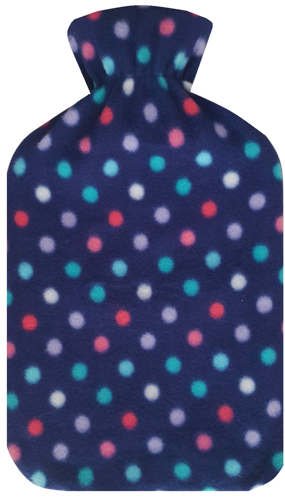 Hot Water Bottle With Fleece Cover 2L Natural Rubber Polka Blue - Winter Warm Packs
