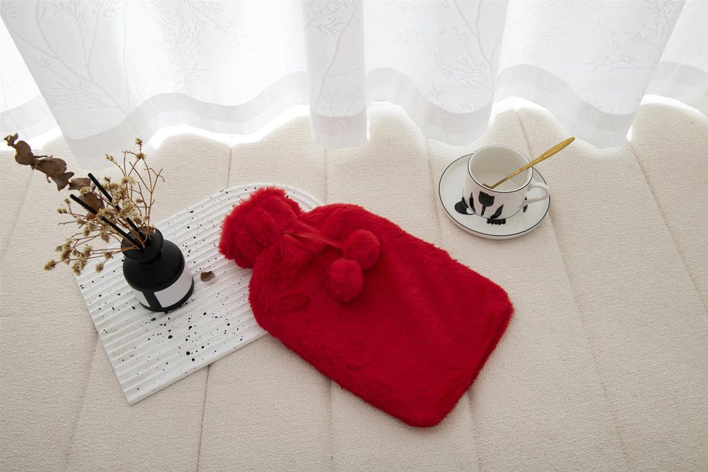 Hot Water Bottle With Faux Fur Cover 2L Warm Natural Rubber Red - Winter Warm Packs