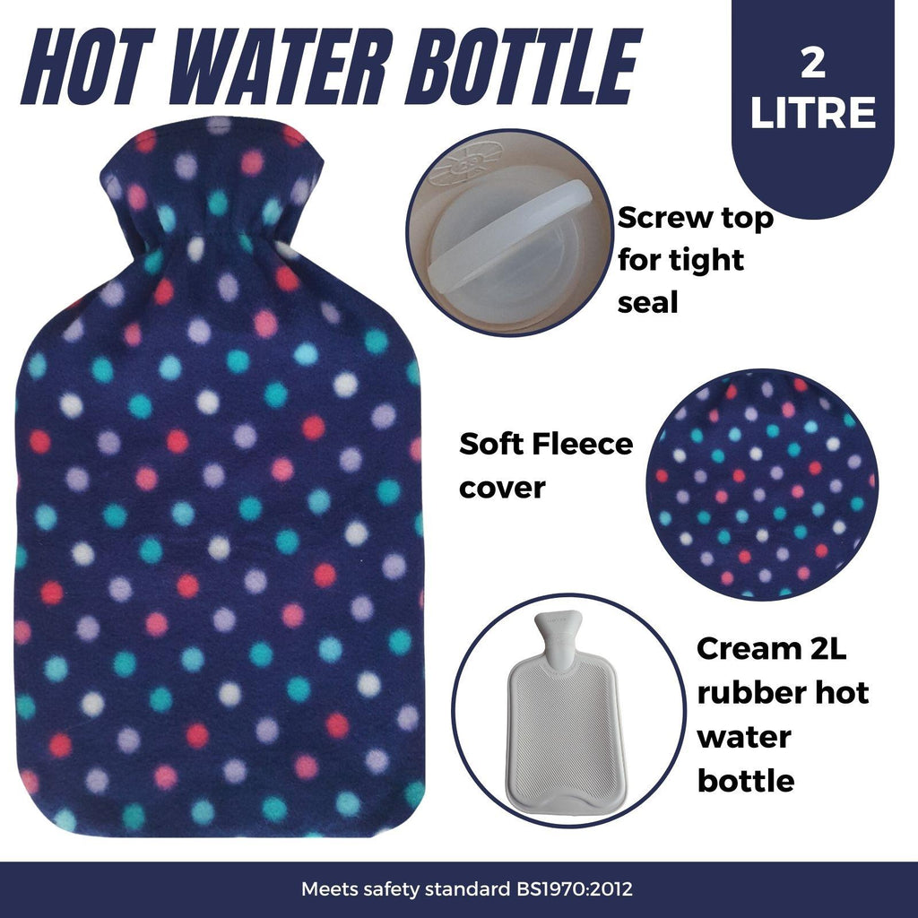 Hot Water Bottle With Fleece Cover 2L Natural Rubber Polka Blue - Winter Warm Packs