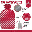 Hot Water Bottle With Fleece Cover 2L Natural Rubber Polka Red - Winter Warm Packs