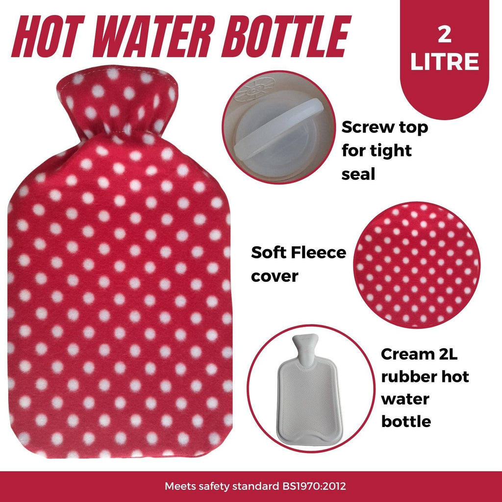 Hot Water Bottle With Fleece Cover 2L Natural Rubber Polka Red - Winter Warm Packs