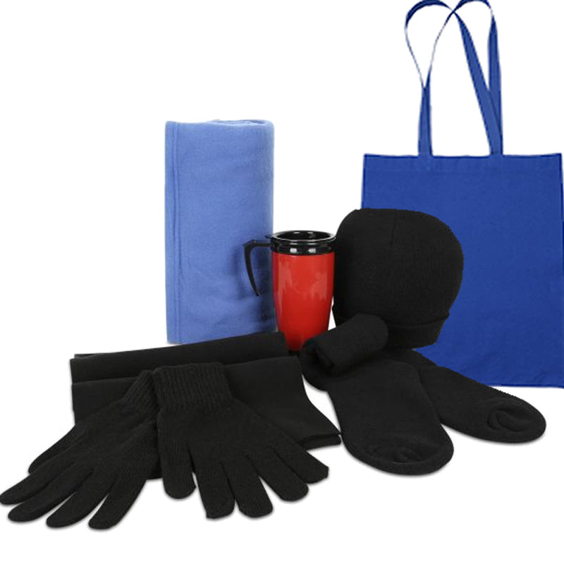 Pack for warmth: black gloves, socks, and hat with a red mug on a white background