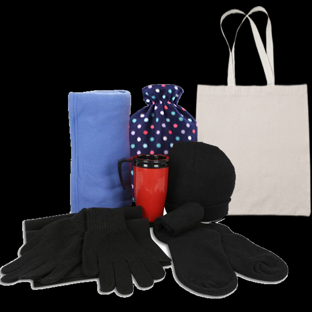 Collection of winter accessories including gloves, socks, a mug, a hot water bottle, and a tote bag on a white background.