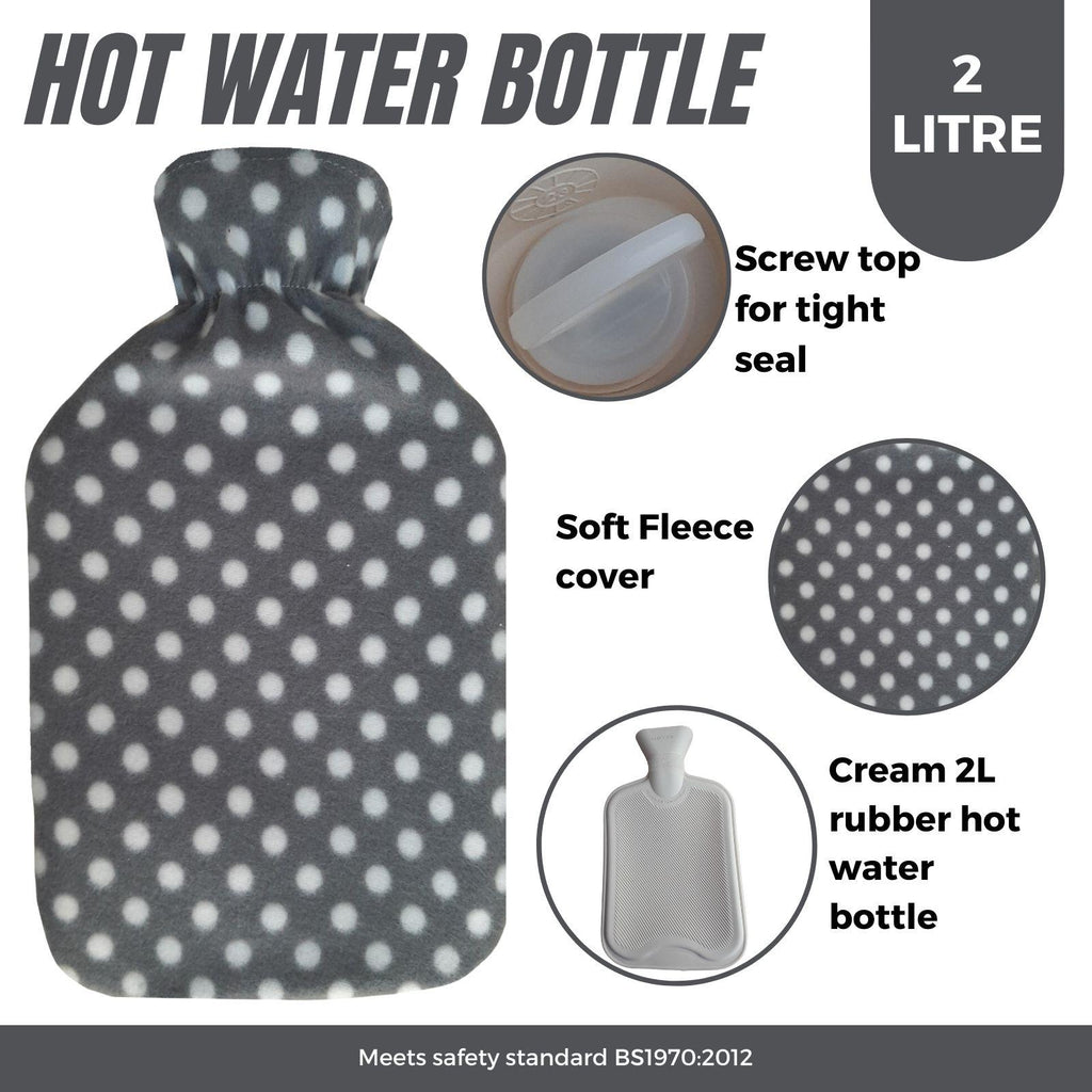 Hot Water Bottle With Fleece Cover 2L Natural Rubber Natural Rubber Polka Grey - Winter Warm Packs