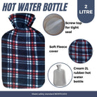 Hot Water Bottle With Fleece Cover 2L Natural Rubber Isla Check - Winter Warm Packs