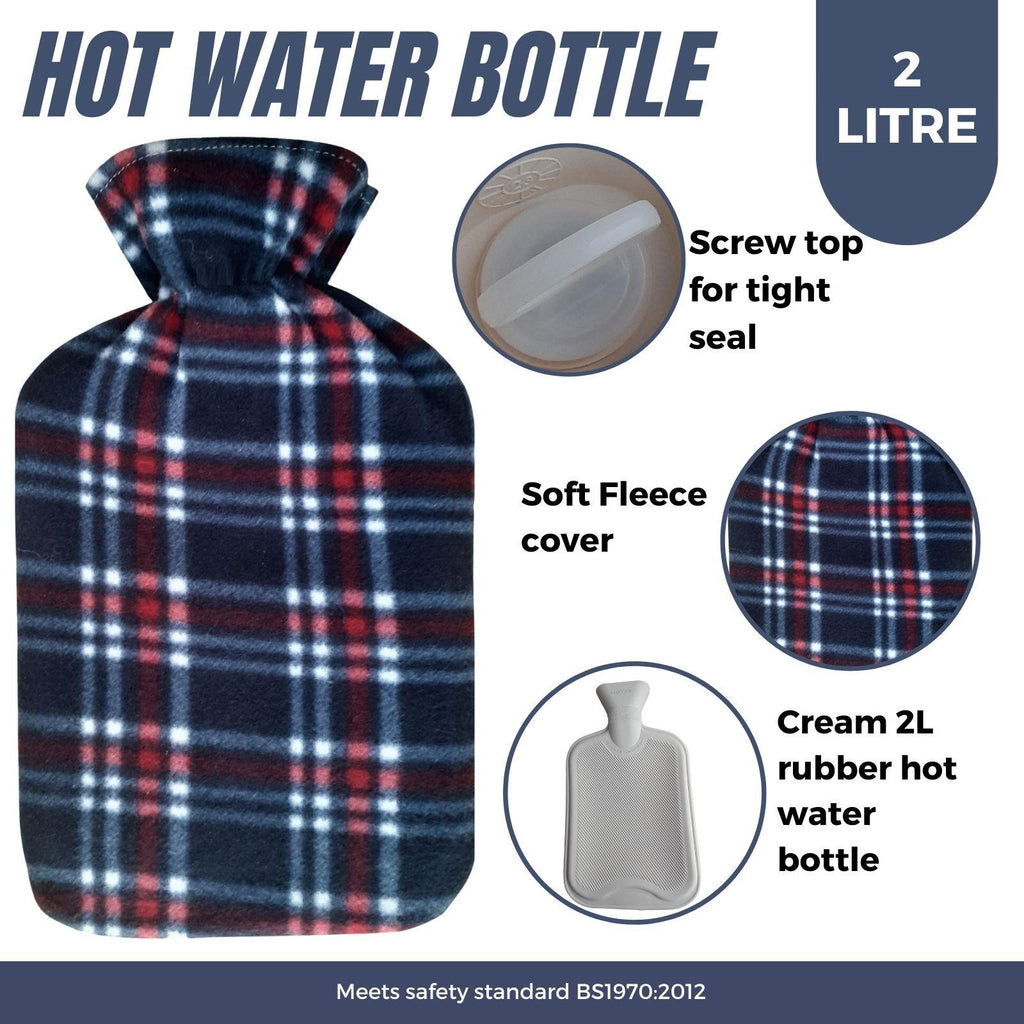 Hot Water Bottle With Fleece Cover 2L Natural Rubber Isla Check - Winter Warm Packs