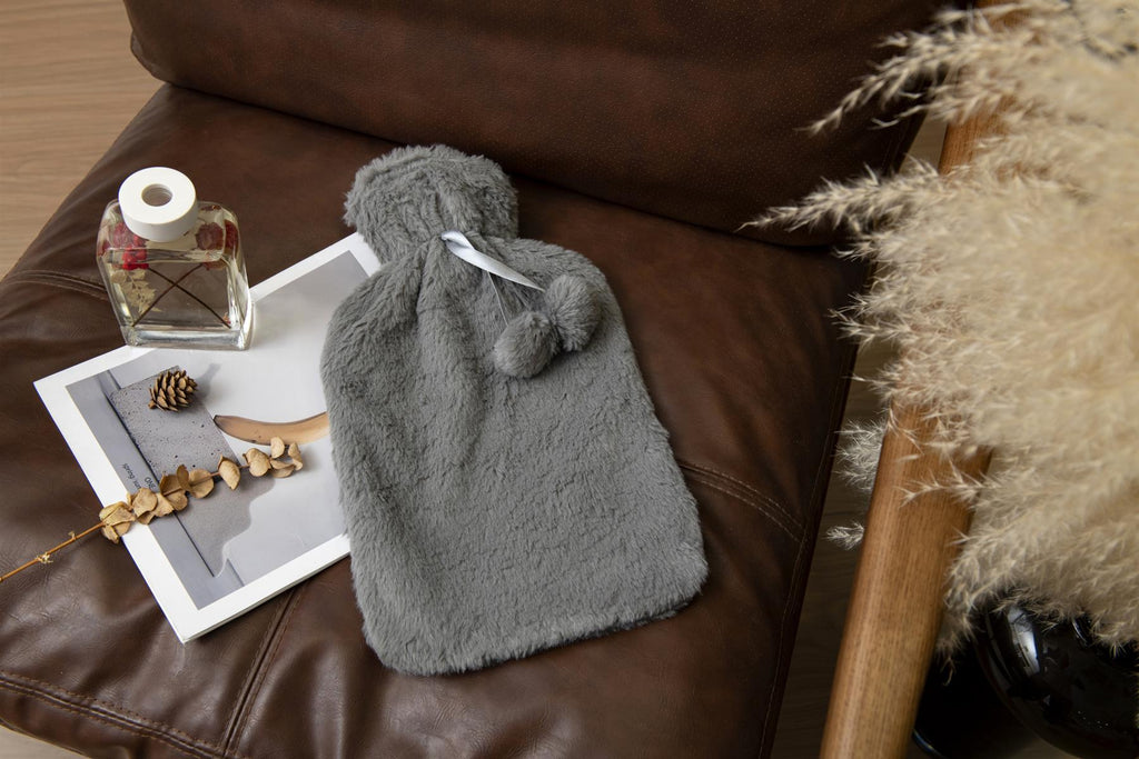 Hot Water Bottle With Faux Fur Cover 2L Warm Natural Rubber Grey - Winter Warm Packs