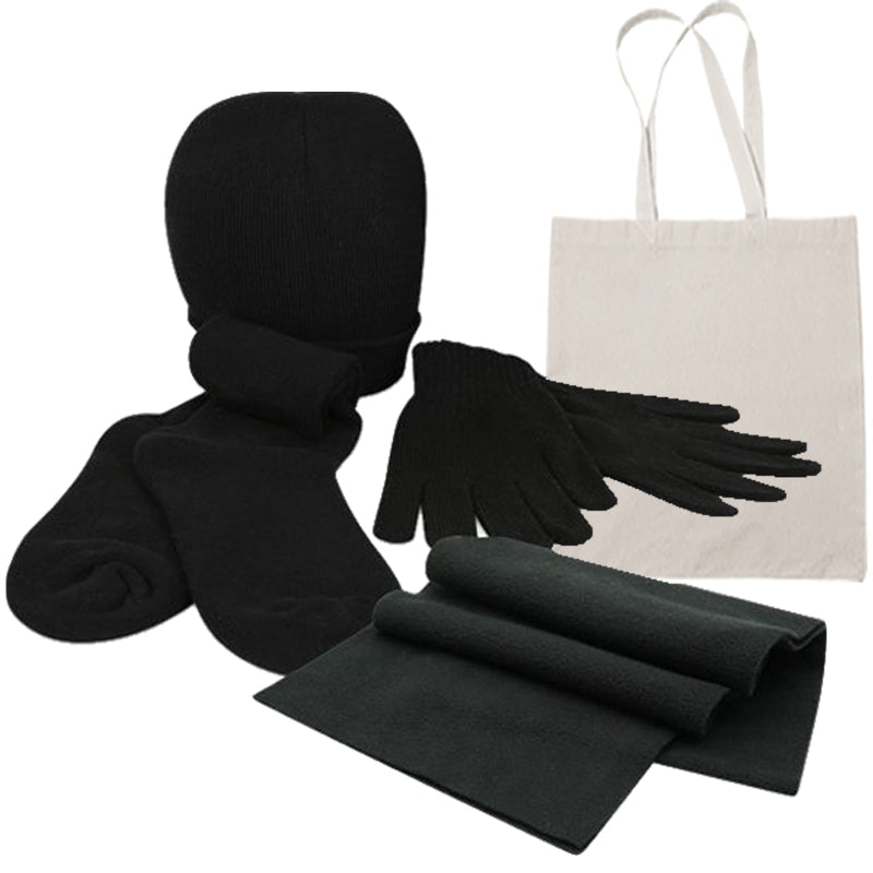 Black hat, gloves, and scarf set with a natural tote bag on a white background
