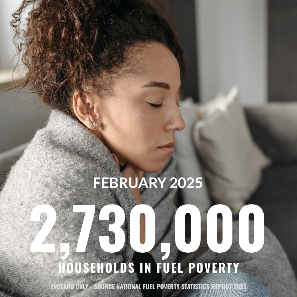 Woman sitting on a couch with text overlay about fuel poverty statistics for February 2025.
