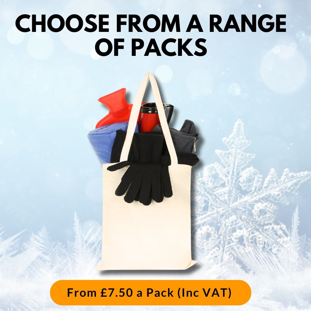 Tote bag with winter warm pack accessories on a frosty background with text about packs and pricing.