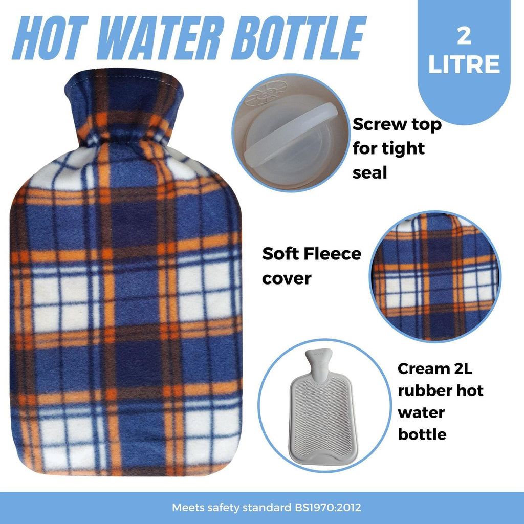 Hot Water Bottle With Fleece Cover 2L Natural Rubber Hamish Check - Winter Warm Packs