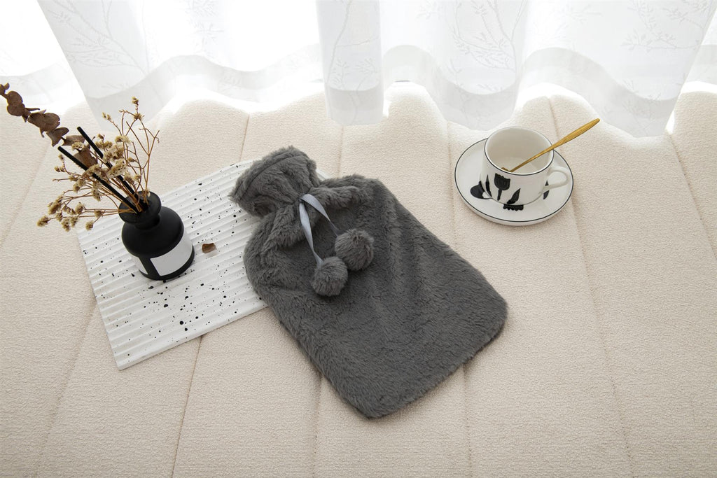 Hot Water Bottle With Faux Fur Cover 2L Warm Natural Rubber Grey - Winter Warm Packs