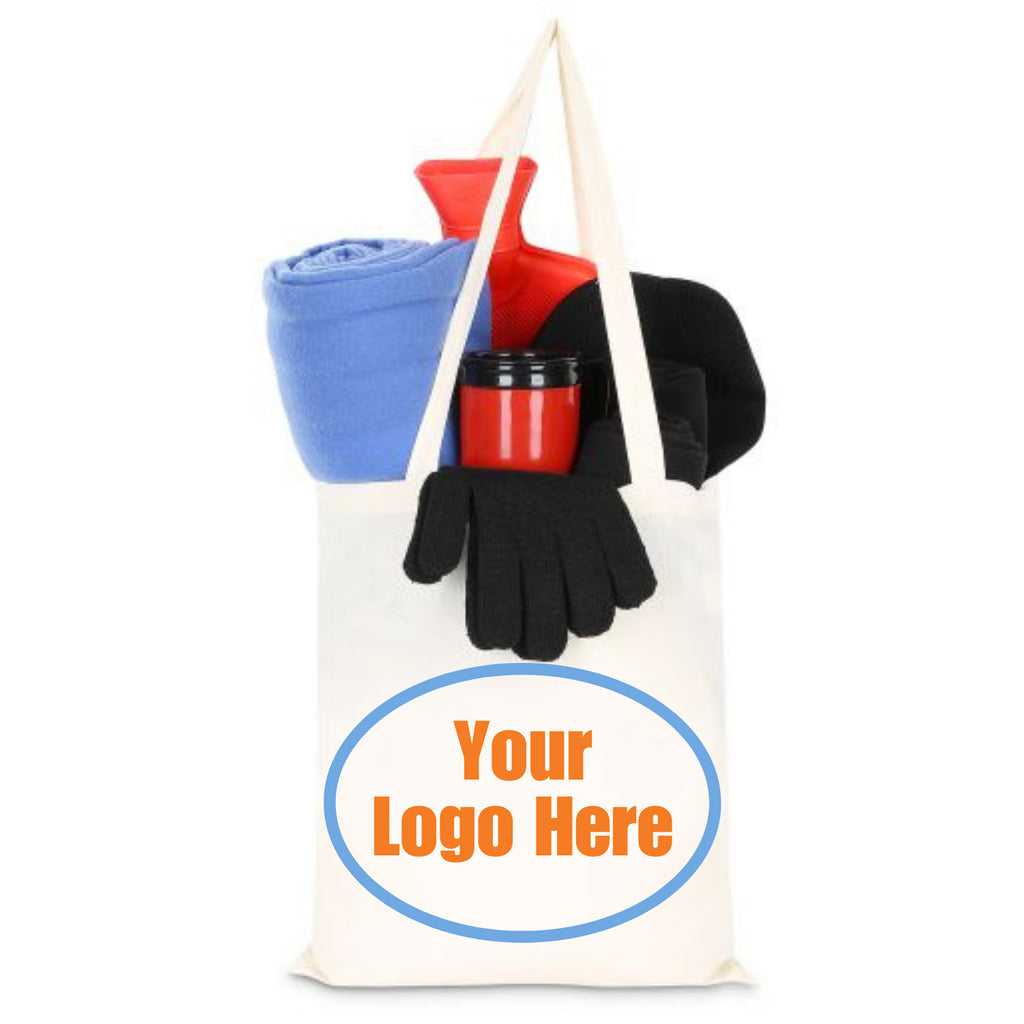 A white canvas tote bag with a placeholder for a logo, accompanied by a pair of black gloves, a black beanie, and a travel mug, all arranged on and in front of the bag.