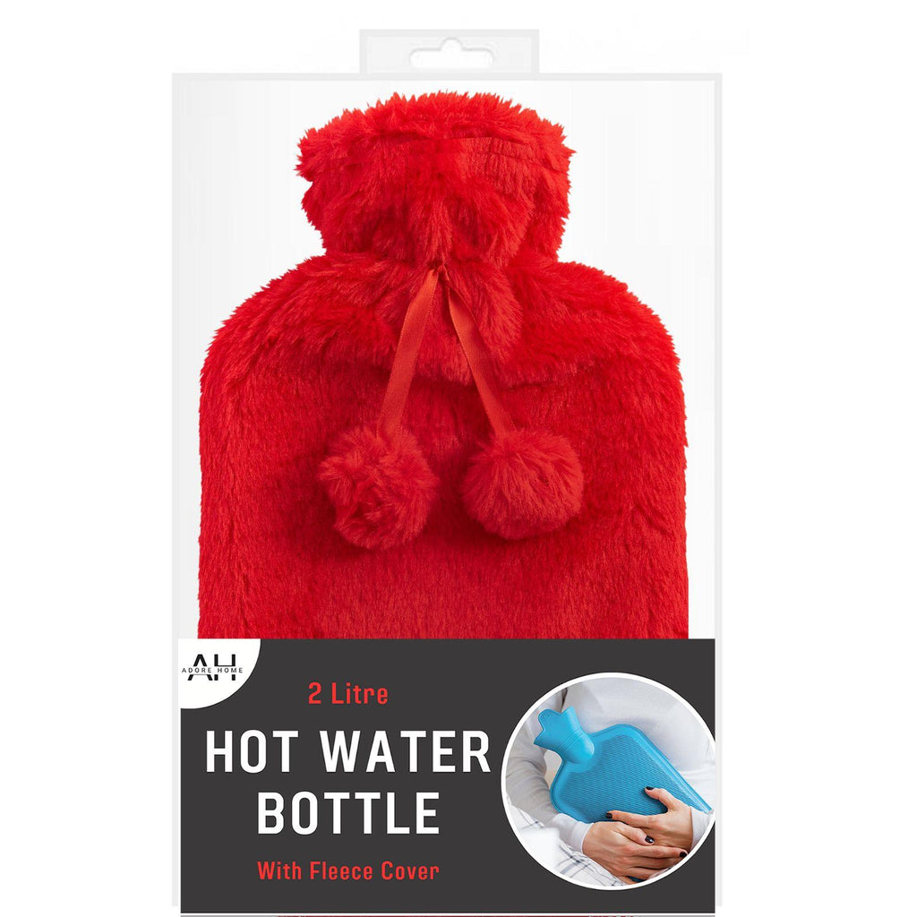 Hot Water Bottle With Faux Fur Cover 2L Warm Natural Rubber Red - Winter Warm Packs