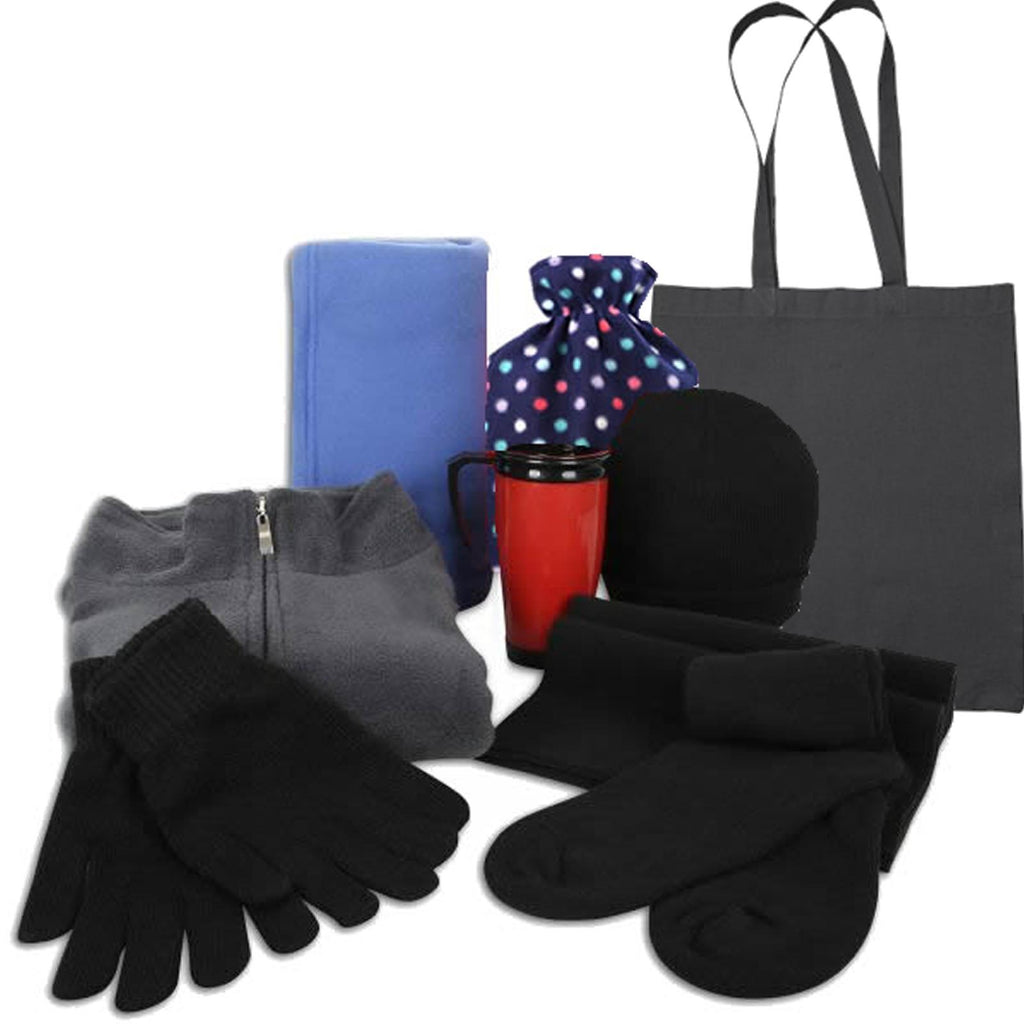 Collection of winter accessories including gloves, socks, a beanie, and a tote bag on a white background ideal for vulnerable people