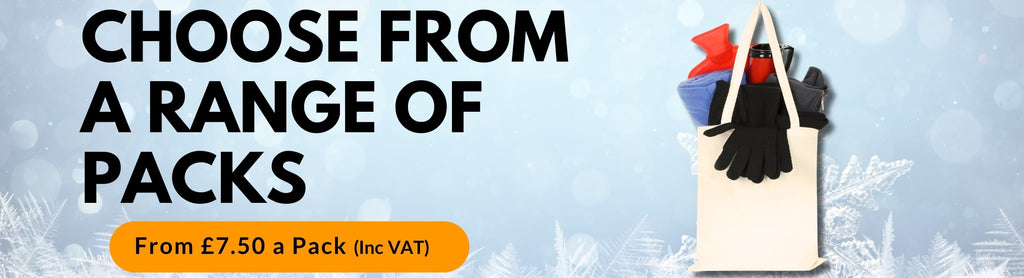 Promotional banner with text 'Choose from a range of packs' and an image of a bag with winter pack contents, set against a light blue background.